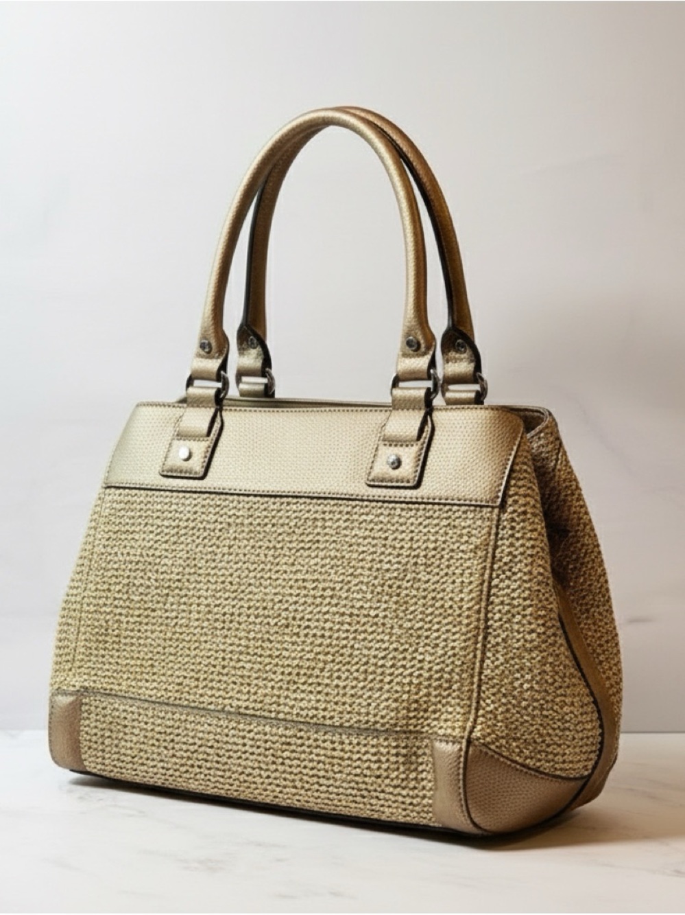 Dana Buchman Gold Woven Satchel Handbag Metallic Top Handle Purse - Picture 3 of 11